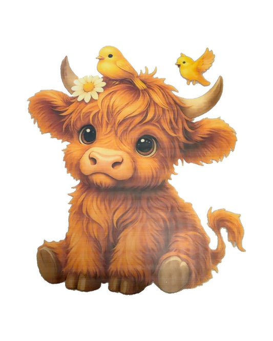 Baby Highland cow, yellow birds and daisy. Printed design 5 in W × 6 1/8 in H.