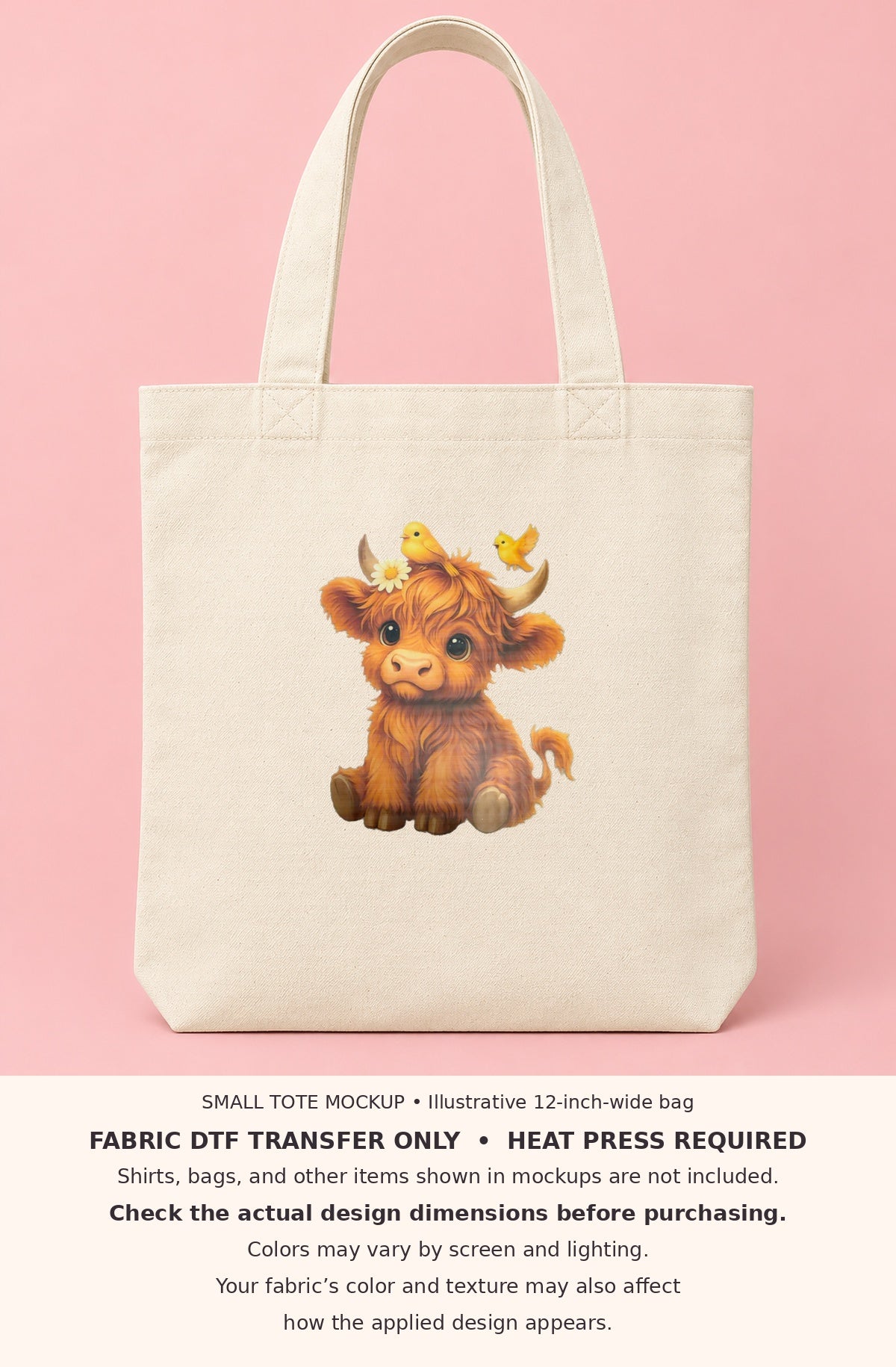 Original Highland cow artwork, 5 inches wide by 6 1/8 inches tall, shown on illustrative 12-inch-wide canvas tote. Fabric DTF transfer only; bag not included.