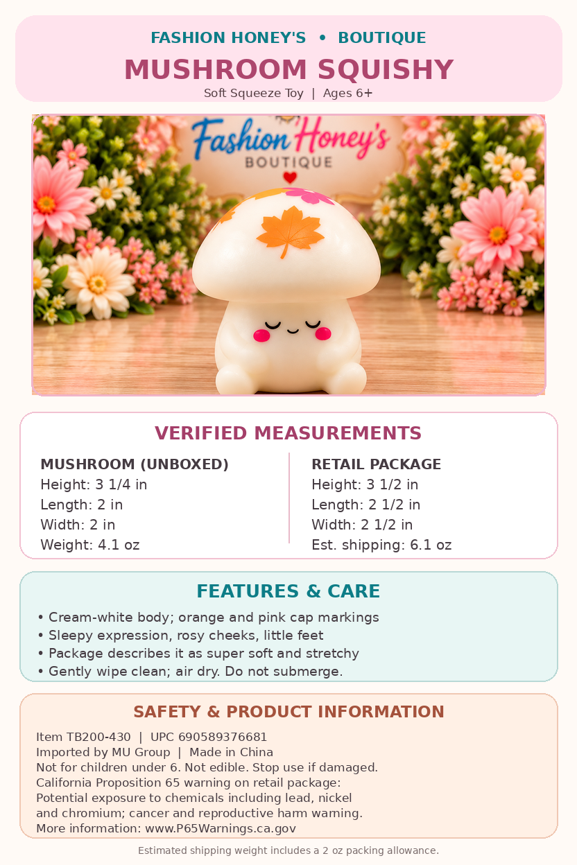 Mushroom Squishy verified dimensions weight care and safety guide