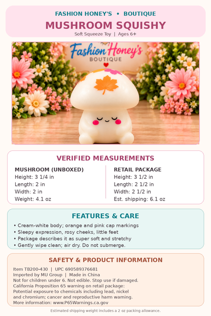 Mushroom Squishy verified dimensions weight care and safety guide