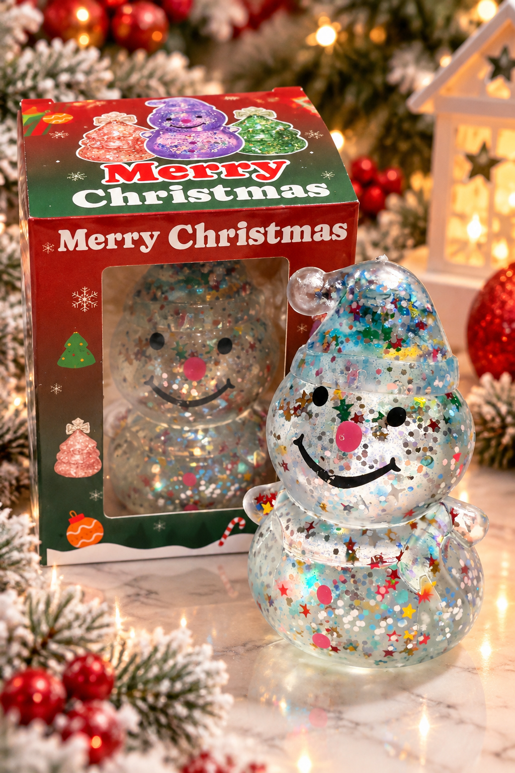 Christmas glitter snowman sugar squeezy beside illustrated Merry Christmas packaging