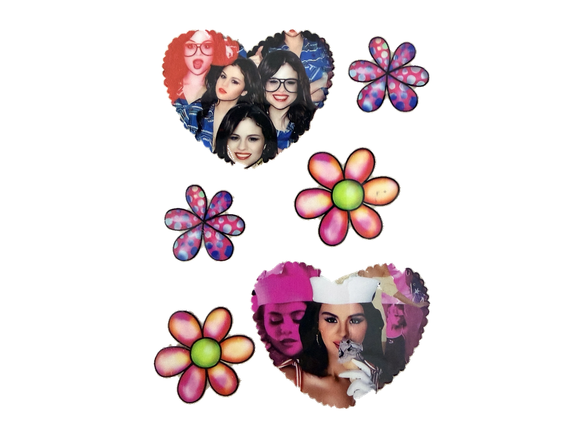 Portrait heart collages and four colorful flowers UV DTF optional cut-apart sheet, complete approved design