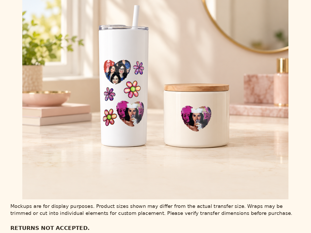 UV DTF portrait hearts and flowers on a white tumbler with optional cut-out portrait heart on a ceramic candle jar