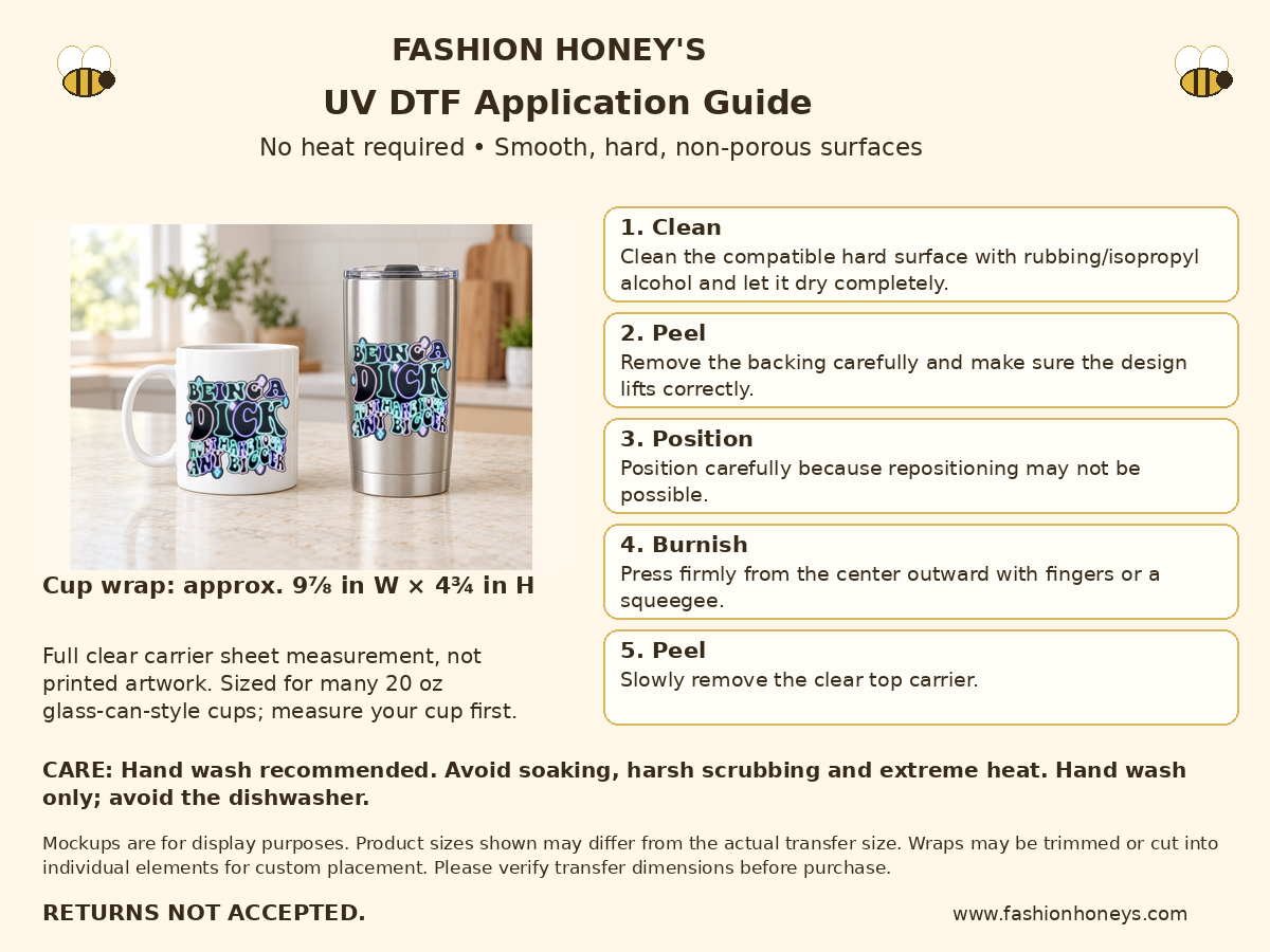 Fashion Honey’s no-heat UV DTF application and care guide, full carrier 9⅞ by 4¾ inches