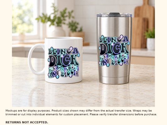 Approved UV DTF design applied to a ceramic mug and stainless tumbler; display products not included