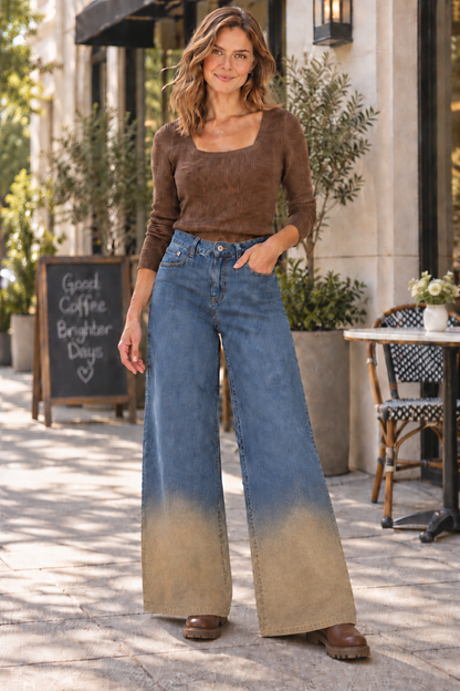 Approved hero: CIDER blue-to-brown ombré wide-leg jeans with brown reaching bottom hem, styled with brown sweater and chunky boots