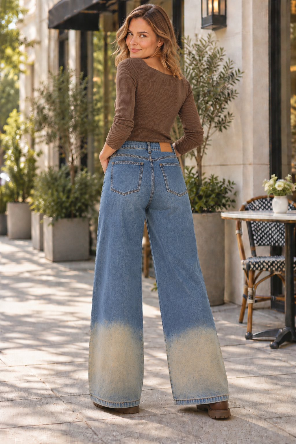 CIDER ombré wide-leg jeans modeled from the back wearing brown top and brown chunky boots