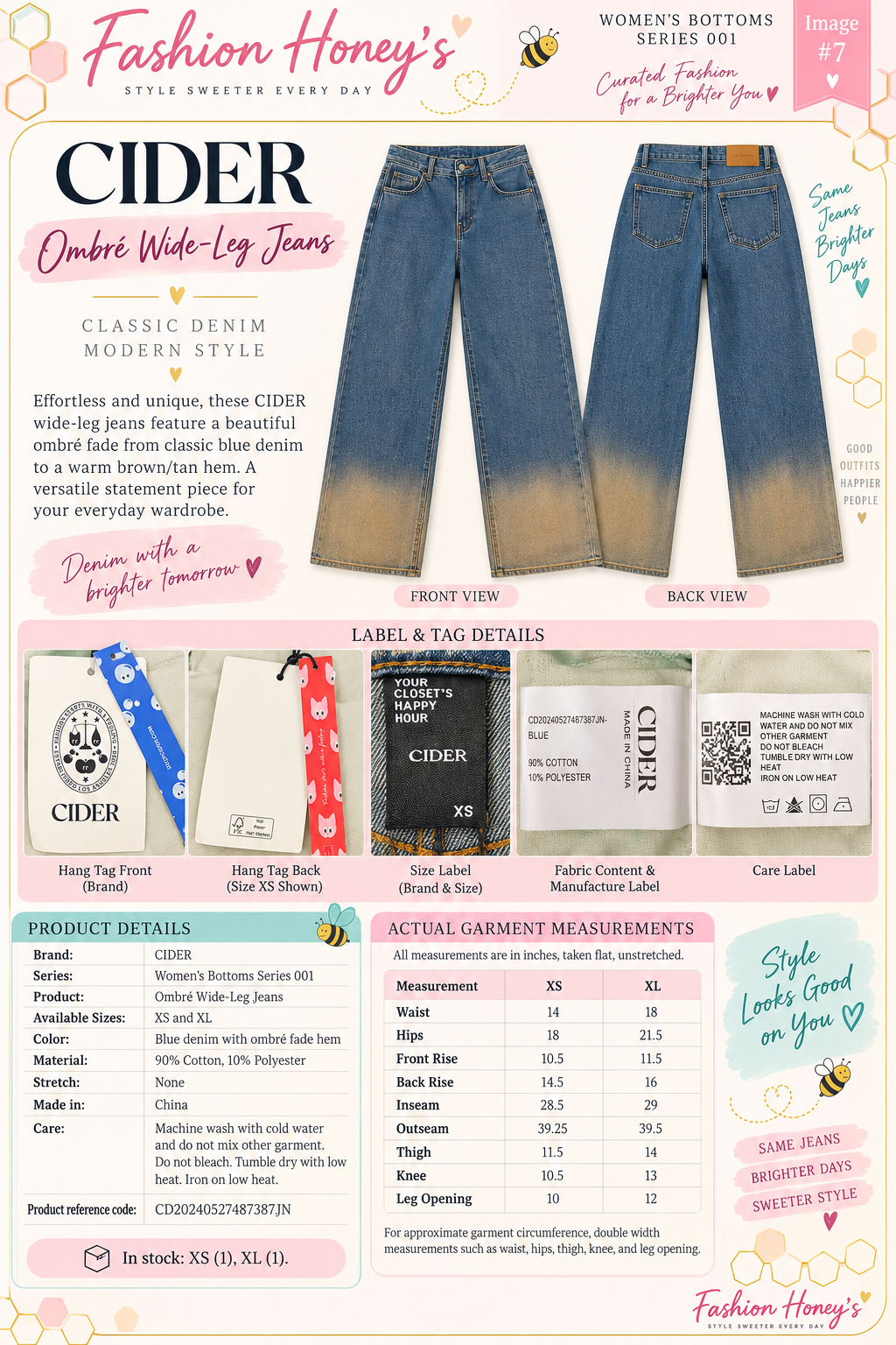 Fashion Honey's CIDER ombré jeans XS XL measured size and care guide