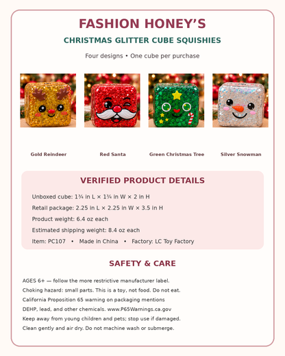 Christmas glitter cube measurements and safety guide