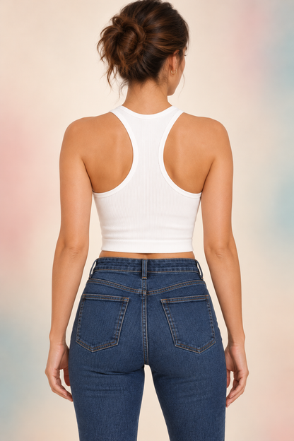 Zenana White NT-54017A ribbed racerback crop tank Back view