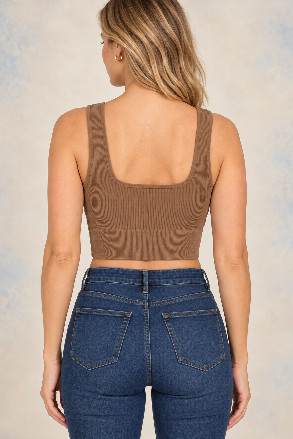 Zenana NT-54019A Deep Camel square-neck crop tank — back model view in owner-confirmed brown shade