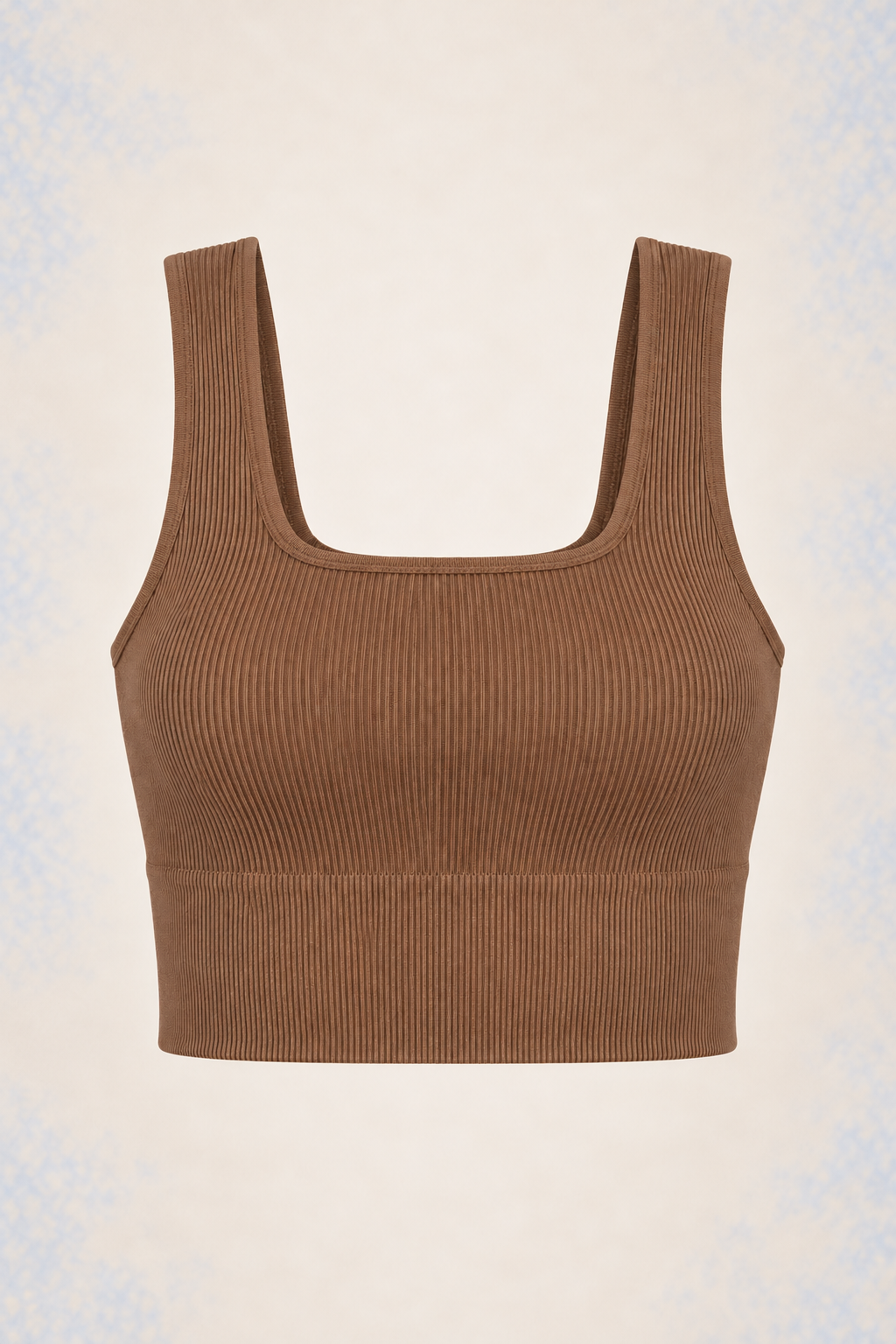Zenana NT-54019A Deep Camel square-neck crop tank in owner-confirmed brown shade, front ghost mannequin