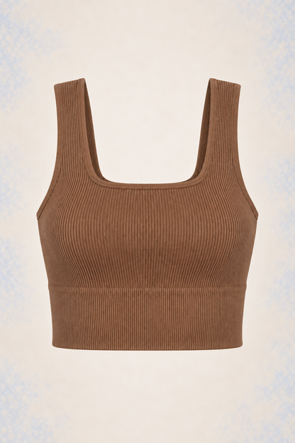 Zenana NT-54019A Deep Camel square-neck crop tank in owner-confirmed brown shade, front ghost mannequin