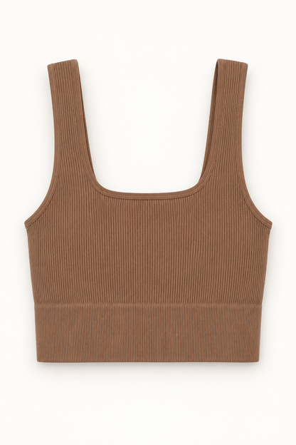 Zenana NT-54019A Deep Camel square-neck crop tank — back ghost mannequin in owner-confirmed brown shade