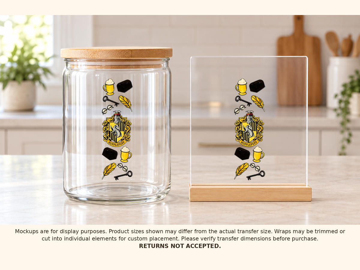 Hufflepuff UV DTF transfer shown on a glass jar and acrylic sign