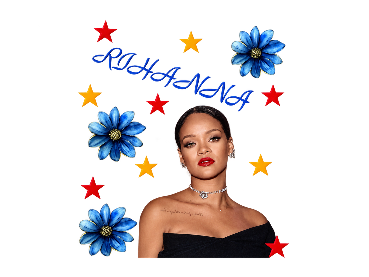 Rihanna portrait with blue flowers and stars UV DTF optional cut-apart transfer sheet