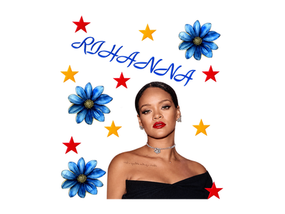 Rihanna portrait with blue flowers and stars UV DTF optional cut-apart transfer sheet