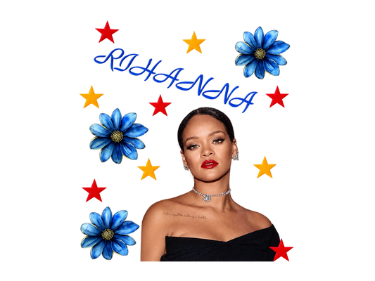Rihanna portrait with blue flowers and stars UV DTF optional cut-apart transfer sheet