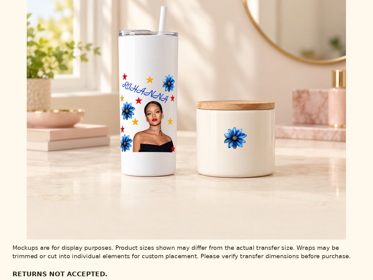 Approved Rihanna UV DTF artwork on tumbler and cut-apart blue flower on ceramic candle jar