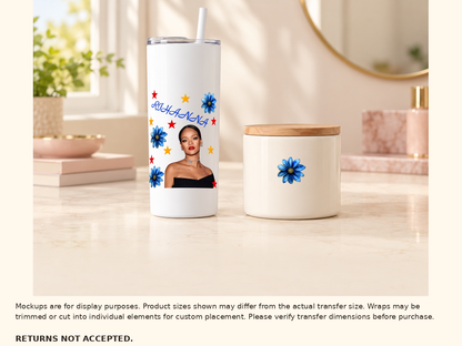 Approved Rihanna UV DTF artwork on tumbler and cut-apart blue flower on ceramic candle jar