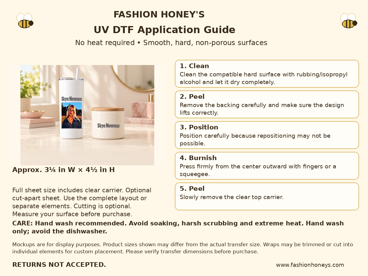Fashion Honey's no-heat UV DTF application guide; full sheet 3.25 by 4.5 inches including carrier