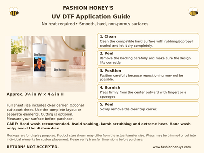 Fashion Honey's no-heat UV DTF application guide; full sheet 3.25 by 4.5 inches including carrier