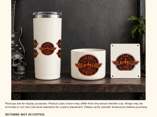 AC/DC UV DTF wrap on tumbler and optional cut-apart emblems on candle and sign