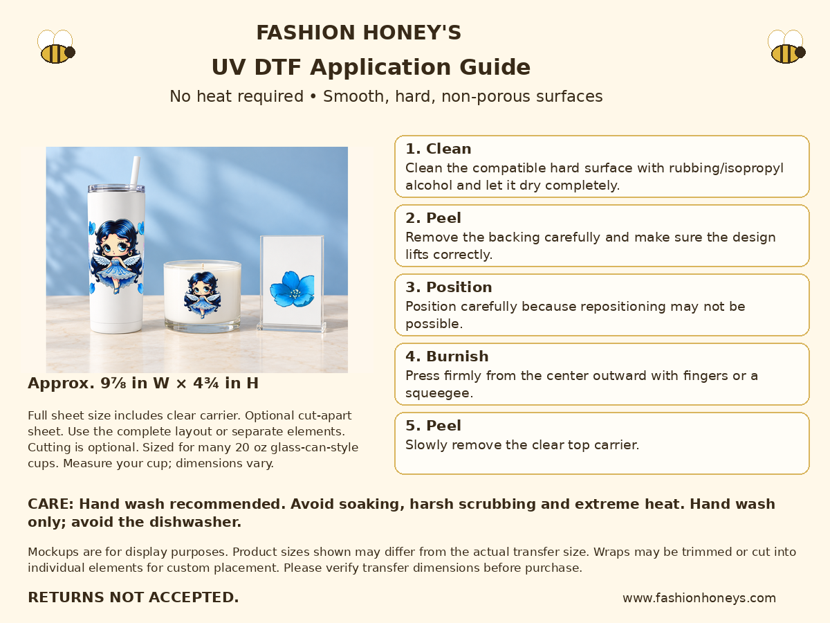 Fashion Honey's no-heat UV DTF application and care guide, full carrier size 9⅞ by 4¾ inches