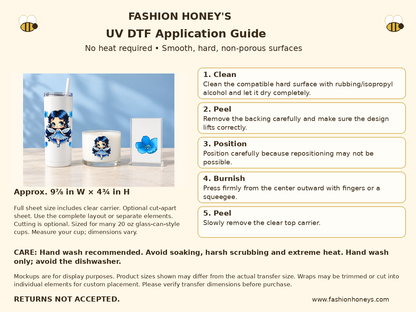 Fashion Honey's no-heat UV DTF application and care guide, full carrier size 9⅞ by 4¾ inches