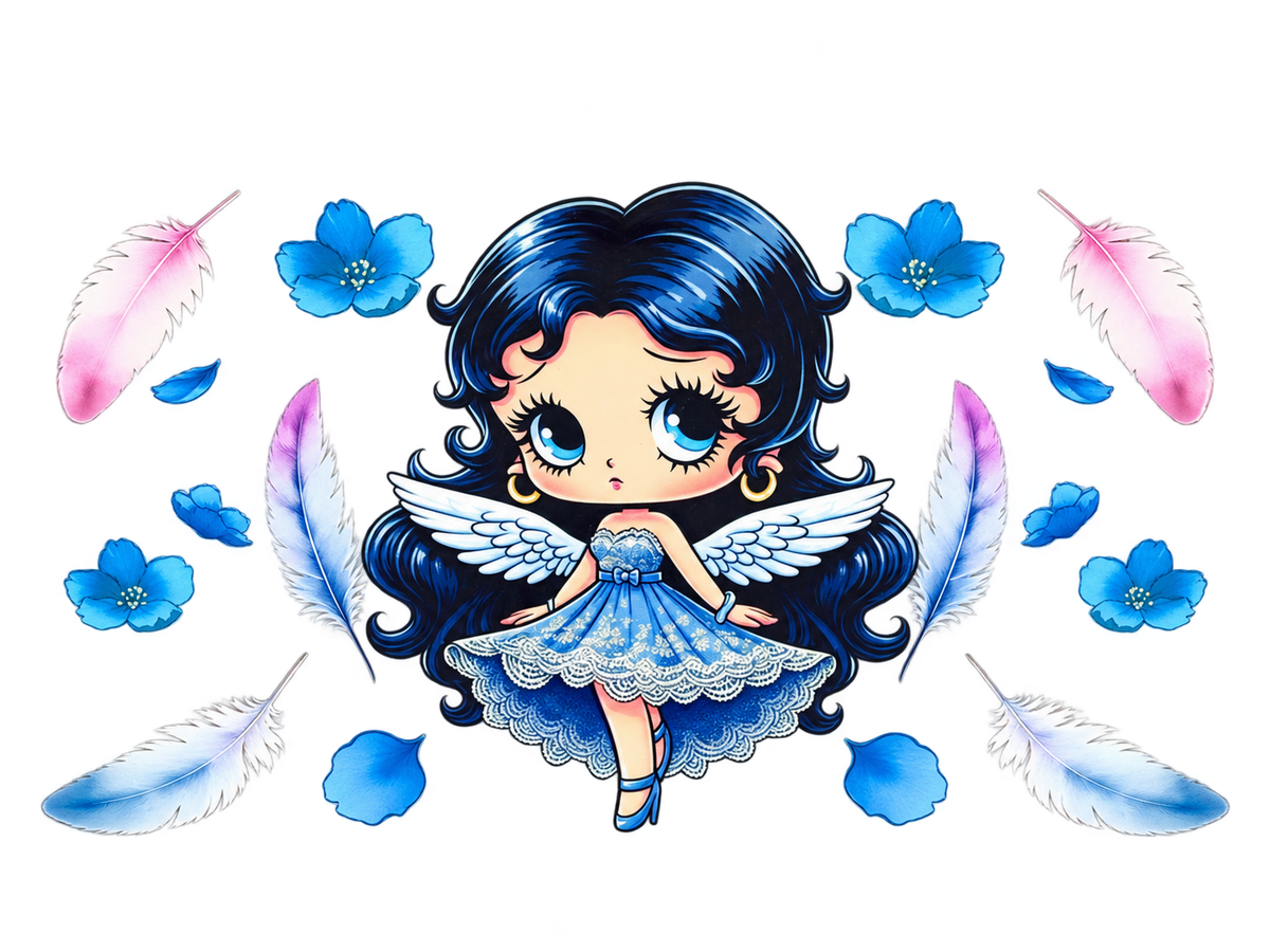 Blue winged girl UV DTF cup wrap with blue flowers and pastel feathers, full transfer