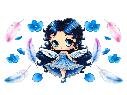 Blue winged girl UV DTF cup wrap with blue flowers and pastel feathers, full transfer