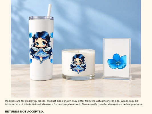 Approved blue winged girl artwork on tumbler, candle jar and acrylic sign, optional cut-apart examples