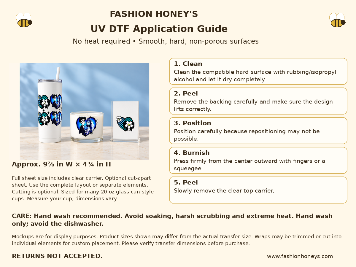 Fashion Honey's UV DTF no-heat application guide, full carrier 9⅞ by 4¾ inches