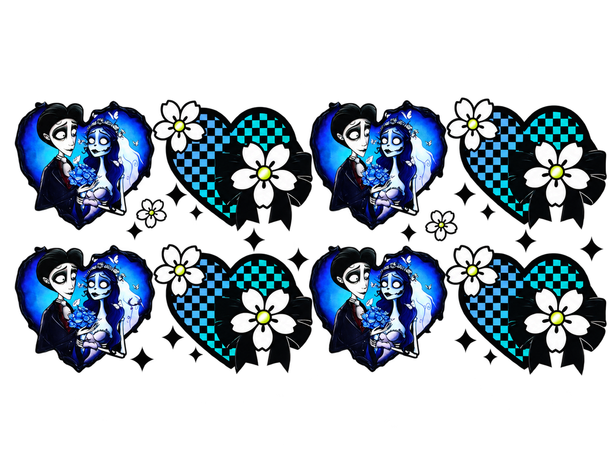 Blue gothic couple scenes and checkered daisy hearts UV DTF cup wrap, complete transfer
