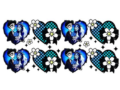 Blue gothic couple scenes and checkered daisy hearts UV DTF cup wrap, complete transfer