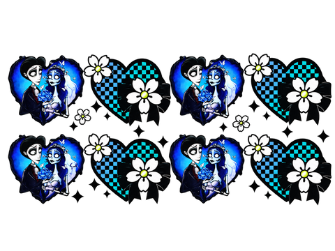 Blue Gothic Couple & Checkered Hearts UV DTF Cup Wrap — Optional Cut-Apart Sheet