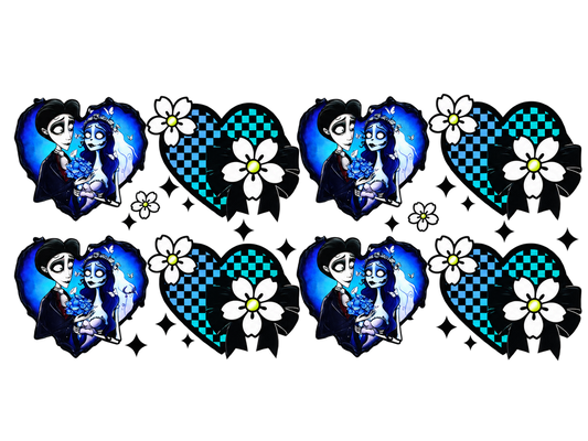 Blue gothic couple scenes and checkered daisy hearts UV DTF cup wrap, complete transfer