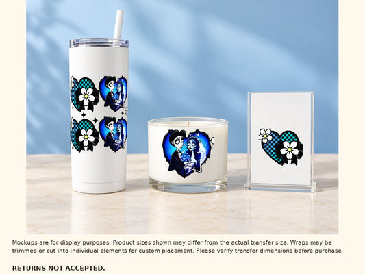 Approved blue gothic couple and checkered hearts on tumbler, candle and acrylic sign, optional cut-apart examples