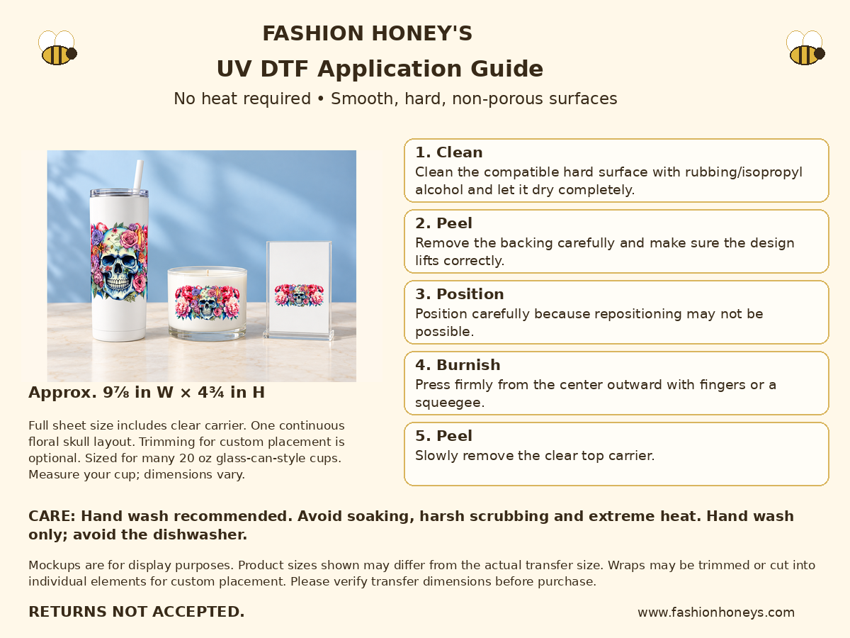 Fashion Honey's UV DTF no-heat application guide, full carrier 9⅞ by 4¾ inches