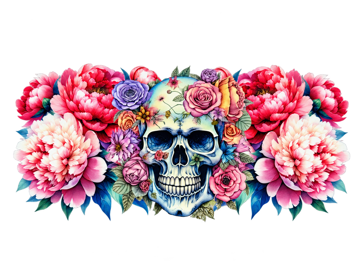 Floral skull and pink peonies UV DTF cup wrap, complete horizontal transfer artwork