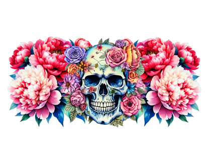 Floral skull and pink peonies UV DTF cup wrap, complete horizontal transfer artwork
