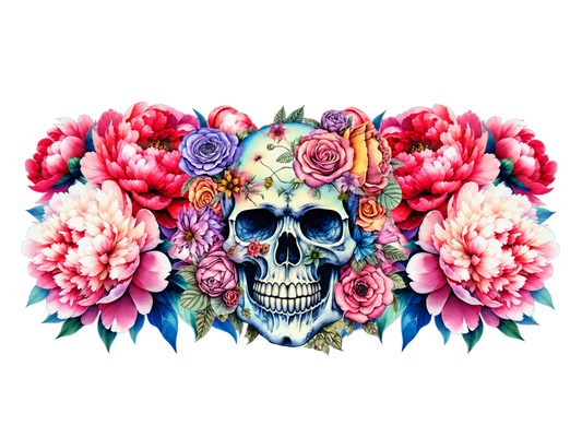 Floral skull and pink peonies UV DTF cup wrap, complete horizontal transfer artwork