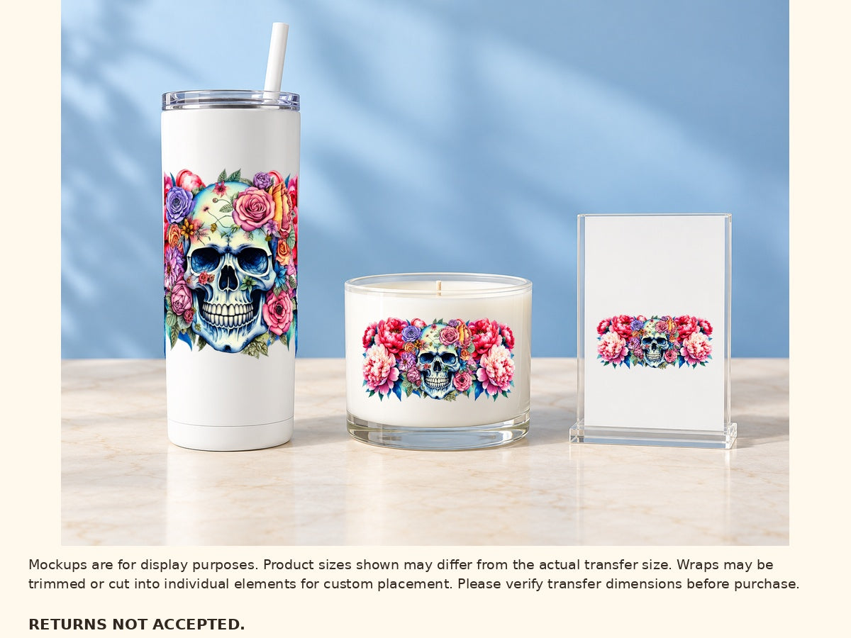 Approved floral skull transfer on tumbler, candle jar and acrylic sign, display examples