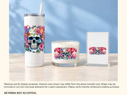 Approved floral skull transfer on tumbler, candle jar and acrylic sign, display examples