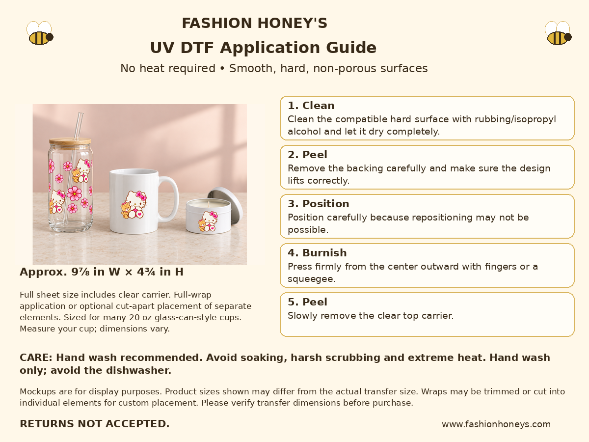 Fashion Honey's UV DTF no-heat application guide, 9⅞ by 4¾ inch full carrier sheet