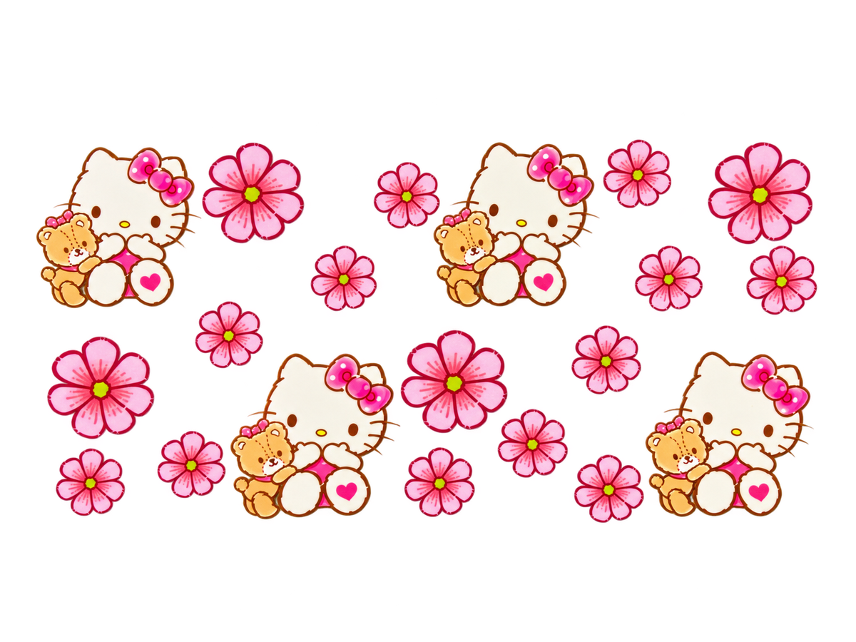 Pink bow kitty and teddy bears with sixteen pink flowers — full UV DTF cup wrap transfer