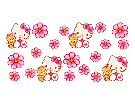 Pink bow kitty and teddy bears with sixteen pink flowers — full UV DTF cup wrap transfer