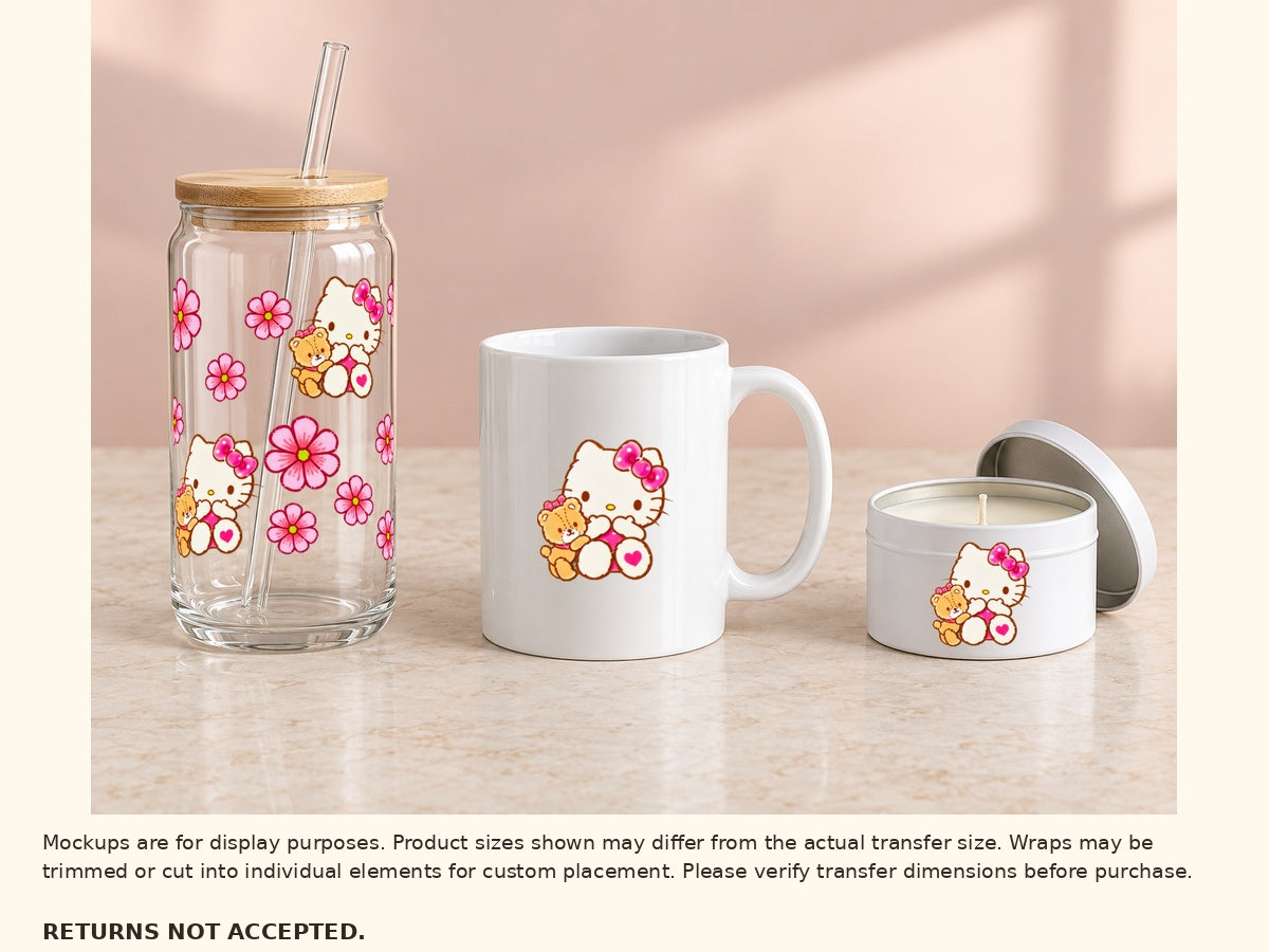 UV DTF wrap on glass can cup with optional cut-apart kitty on ceramic mug and candle tin