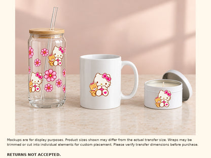UV DTF wrap on glass can cup with optional cut-apart kitty on ceramic mug and candle tin