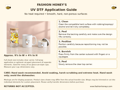 Fashion Honey's UV DTF application guide — no heat, full carrier sheet 9⅞ × 4¾ inches